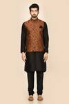 Buy_Aryavir Malhotra_Black Silk Blend Printed Bundi And Kurta Set_Online_at_Aza_Fashions