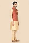 Aryavir Malhotra_Beige Nehru Jacket Jacquard  Kurta And Churidar Blend Bundi & Set _Online_at_Aza_Fashions