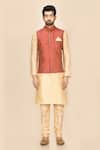 Buy_Aryavir Malhotra_Beige Nehru Jacket Jacquard  Kurta And Churidar Blend Bundi & Set _Online_at_Aza_Fashions