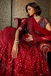 Jade by Monica and Karishma_Red V Neck Embroidered Bridal Lehenga Set _Online_at_Aza_Fashions