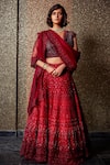 Buy_Jade by Monica and Karishma_Red V Neck Embroidered Bridal Lehenga Set _at_Aza_Fashions