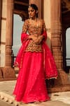 Buy_Swati Vijaivargie_Maroon Organza Embroidery Scoop Neck Kurta Lehenga Set _at_Aza_Fashions