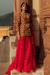 Shop_Swati Vijaivargie_Maroon Organza Embroidery Scoop Neck Kurta Lehenga Set _at_Aza_Fashions