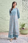 Shop_Naaz By Noor_Blue Cotton, Organza, Chanderi Round Printed Kurta Set _at_Aza_Fashions