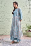 Naaz By Noor_Blue Cotton, Organza, Chanderi Round Printed Kurta Set _Online_at_Aza_Fashions