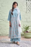 Buy_Naaz By Noor_Blue Cotton, Organza, Chanderi Round Printed Kurta Set _Online_at_Aza_Fashions