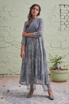 Naaz By Noor_Grey Cotton, Organza, Chanderi Round Printed Kurta And Pant Set _Online_at_Aza_Fashions