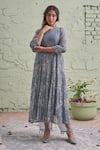 Buy_Naaz By Noor_Grey Cotton, Organza, Chanderi Round Printed Kurta And Pant Set _Online_at_Aza_Fashions