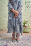 Shop_Naaz By Noor_Grey Cotton, Organza, Chanderi Mandarin Collar Embroidered Kurta Set _at_Aza_Fashions