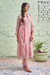 Naaz By Noor_Pink Cotton, Organza, Chanderi Mandarin Collar Embroidered Kurta Set _Online_at_Aza_Fashions