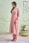 Buy_Naaz By Noor_Pink Cotton, Organza, Chanderi Mandarin Collar Embroidered Kurta Set _Online_at_Aza_Fashions
