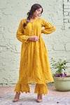 Shop_Naaz By Noor_Yellow Cotton, Organza, Chanderi V Neck Embroidered Kurta Set _at_Aza_Fashions