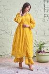 Naaz By Noor_Yellow Cotton, Organza, Chanderi V Neck Embroidered Kurta Set _Online_at_Aza_Fashions