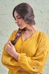 Naaz By Noor_Yellow Cotton, Organza, Chanderi V Neck Embroidered Kurta Set _at_Aza_Fashions