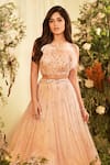 Shivani Awasty_Pink Embroidery Stripe Feather Embellished Blouse Lehenga Set _Online_at_Aza_Fashions