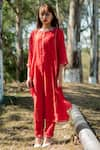 Shop_Juanita by Shubhda_Red Handwoven Chanderi Lining Handloom Cotton Round Kurta Set _at_Aza_Fashions