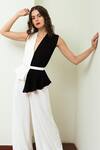 Buy_Swatee Singh_White Heavy Crepe V Neck Colorblock Peplum Jumpsuit _at_Aza_Fashions