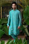 Buy_Runit Gupta_Blue Cotton, Chanderi Silk Acrylic Work Kurta Set_at_Aza_Fashions