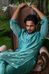 Shop_Runit Gupta_Blue Cotton, Chanderi Silk Acrylic Work Kurta Set_Online_at_Aza_Fashions