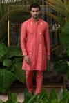 Runit Gupta_Coral Chanderi Silk Embroidered Acrylic Work Kurta Set _Online_at_Aza_Fashions