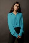 Buy_Jasmine Bains_Blue Cupro Georgette Straight Collar Cuff Sleeves Shirt _at_Aza_Fashions