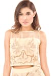 Jasmine Bains_Beige Silk Organza Embroidery Thread Round Crop Top And Skirt Set _Online_at_Aza_Fashions
