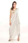 Buy_Jasmine Bains_Grey Silk Chiffon Plain Boat Neck Trouser Set With Saree Drape _at_Aza_Fashions