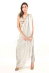 Jasmine Bains_Grey Silk Chiffon Plain Boat Neck Trouser Set With Saree Drape _Online_at_Aza_Fashions