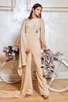 Buy_Jasmine Bains_Beige Cupro Georgette Embroidery Zardozi Round Floral Jumpsuit _at_Aza_Fashions