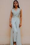 Buy_Jasmine Bains_Blue Cupro Crepe V Neck Embroidered Overlay Jumpsuit _at_Aza_Fashions