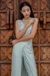 Jasmine Bains_Blue Cupro Crepe V Neck Embroidered Overlay Jumpsuit _Online_at_Aza_Fashions
