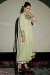 Jubinav Chadha_Beige Satin Georgette Embroidery Beads Wide V Neck Asymmetric Kurta Set _Online_at_Aza_Fashions