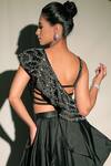 Shop_Jubinav Chadha_Black Satin Crystal, Resham Work Asymmetric Embroidered Ruffled Crop Top _at_Aza_Fashions