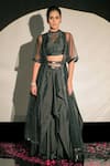 Buy_Jubinav Chadha_Black Taffeta Embroidery Beads Top High Neck Shimmer Cape And Draped Skirt Set _at_Aza_Fashions