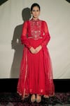 Buy_Jubinav Chadha_Red Chiffon, Silk Chanderi Crystal, Mirror Work High Embroidered Anarkali Set _at_Aza_Fashions