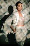 Jubinav Chadha_White Tulle, Italian Velvet Pearls, Sequin Blazer Split Sleeve And Pant Set _at_Aza_Fashions