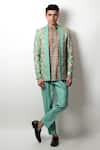 Buy_Jubinav Chadha_Green Cotton Jacquard, Silk Chanderi Kantha, Chord Work Jacket And Kurta Set _at_Aza_Fashions