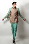 Jubinav Chadha_Green Cotton Jacquard, Silk Chanderi Kantha, Chord Work Jacket And Kurta Set _Online_at_Aza_Fashions