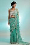 Buy_Jubinav Chadha_Green Silk Organza Embroidered Floral Motif Sweetheart Neck Saree Set _at_Aza_Fashions