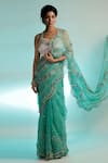 Jubinav Chadha_Green Silk Organza Embroidered Floral Motif Sweetheart Neck Saree Set _Online_at_Aza_Fashions