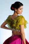 Shop_Jubinav Chadha_Green Dupion Embroidered Dabka V Neck Ayana Ruffle Top _at_Aza_Fashions