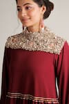 Jubinav Chadha_Red Banana Crepe Sea Shells High Neck Eka Embroidered Tunic _Online_at_Aza_Fashions