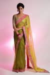 Buy_Jubinav Chadha_Green Pure Silk Organza "embroidered Kantha Vihari Mirror Saree _at_Aza_Fashions