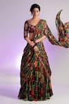 Shop_Jubinav Chadha_Multi Color Silk Chanderi Printed Scoop Kastoori Draped Lehenga Saree _at_Aza_Fashions