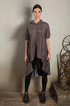 Chillosophy_Grey Cotton Silk Spread Collar Pleated Tunic  _Online_at_Aza_Fashions