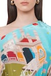 Limerick By Abirr N' Nanki Blue Crepe Miniature Paintings Of Rajasthan One Shoulder Jeno Short Kaftan at Aza Fashions Limerick By Abirr N' Nanki_Blue Crepe Miniature Paintings Of Rajasthan One Shoulder Jeno Short Kaftan _at_Aza_Fashions