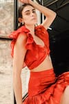 Buy_July Issue_Red Organza Plain Solid Sweetheart Irene Bustier Crop Top And Skirt Set  _Online_at_Aza_Fashions