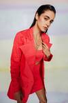 July Issue_Red Giza Cotton Plain Solid Lapel Collar Suri Jacket Skirt Set _Online_at_Aza_Fashions