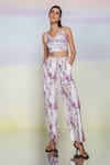 Buy_July Issue_Purple Linen Printed Floral V Neck Pearl Crop Top And Pant Set  _at_Aza_Fashions