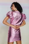 Shop_July Issue_Pink Foil Metallic Plain Plunge Neck Opal Shirt And Skirt Set  _at_Aza_Fashions